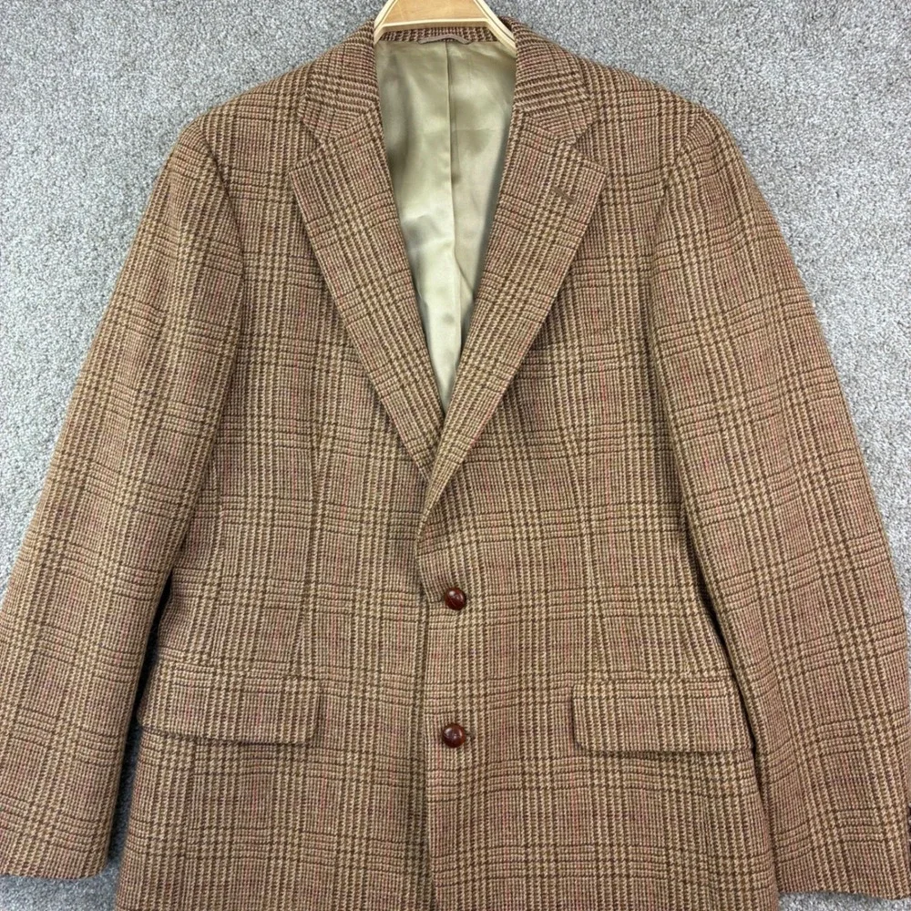 VintGlen Check Plaid Wool Blazer Brown Ivy League Academia Professor Preppy 42L